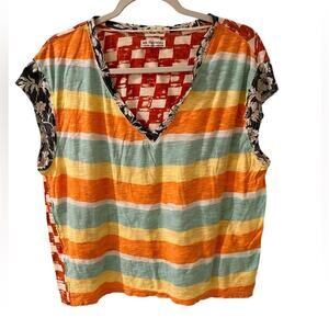 Free People Boho Dolman Mixed Print Cotton V-NeckT-Shirt. XS